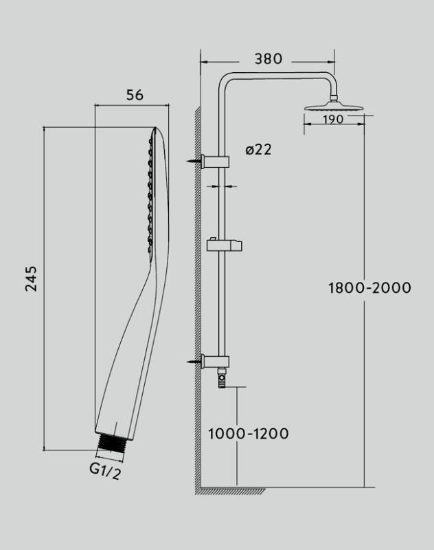 Colonna doccia in acciaio cromato | Soffione rettangolare 19x24cm