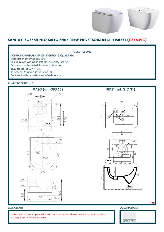 Set sanitari bagno sospesi senza brida | Bianco | Versione quadrata