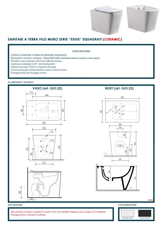 Set sanitari bagno filo muro a terra | Bianco | Versione Quadrata