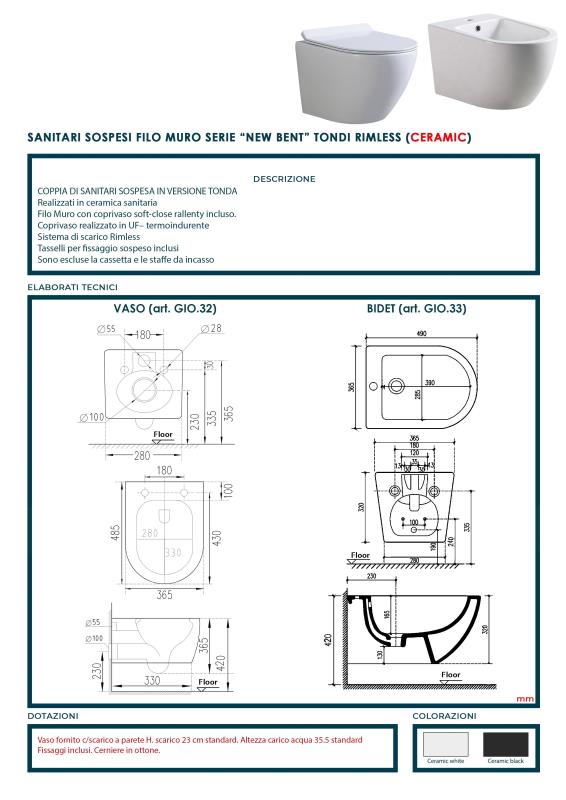 New Bent Black sanitari sospesi senza brida forma arrotondata Nero opaco